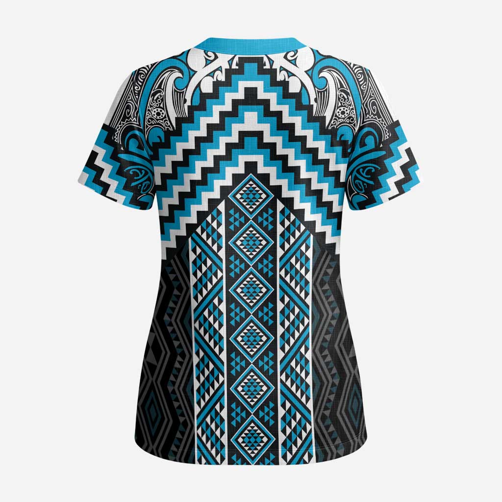 Maori Tukutuku Taniko Motifs Scrub Top Turquoise Poutama Mix Kowhaiwhai - Polynesian Pride