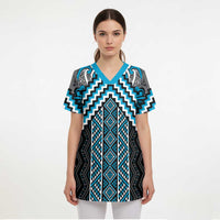 Maori Tukutuku Taniko Motifs Scrub Top Turquoise Poutama Mix Kowhaiwhai - Polynesian Pride
