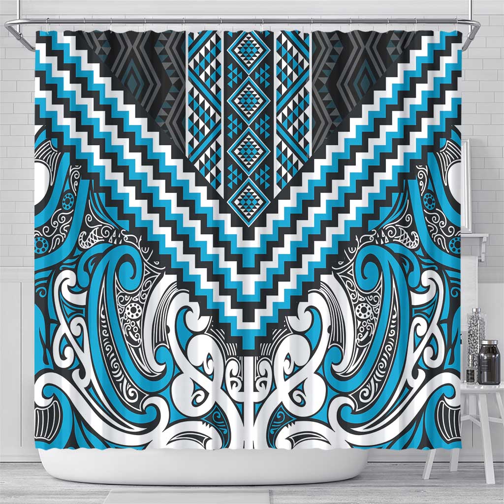Maori Tukutuku Taniko Motifs Shower Curtain Turquoise Poutama Mix Kowhaiwhai