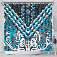 Maori Tukutuku Taniko Motifs Shower Curtain Turquoise Poutama Mix Kowhaiwhai