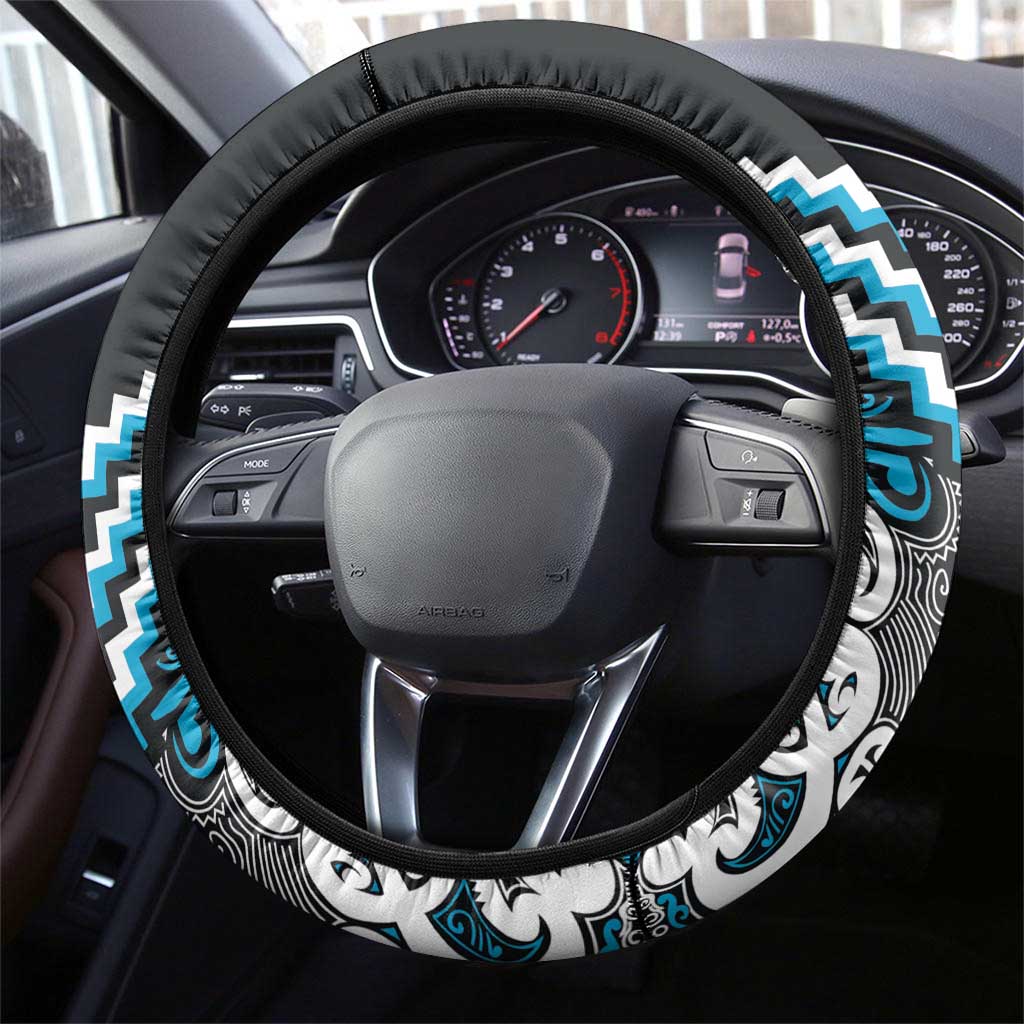 Maori Tukutuku Taniko Motifs Steering Wheel Cover Turquoise Poutama Mix Kowhaiwhai