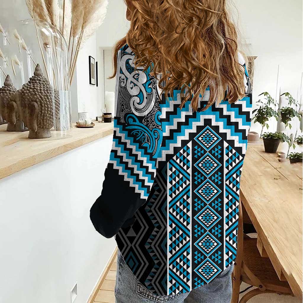 Maori Tukutuku Taniko Motifs Women Casual Shirt Turquoise Poutama Mix Kowhaiwhai LT7 - Polynesian Pride
