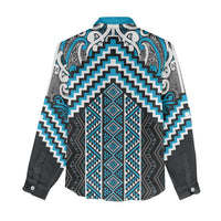 Maori Tukutuku Taniko Motifs Women Casual Shirt Turquoise Poutama Mix Kowhaiwhai LT7 - Polynesian Pride