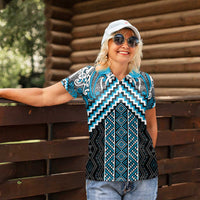 Maori Tukutuku Taniko Motifs Women Polo Shirt Turquoise Poutama Mix Kowhaiwhai