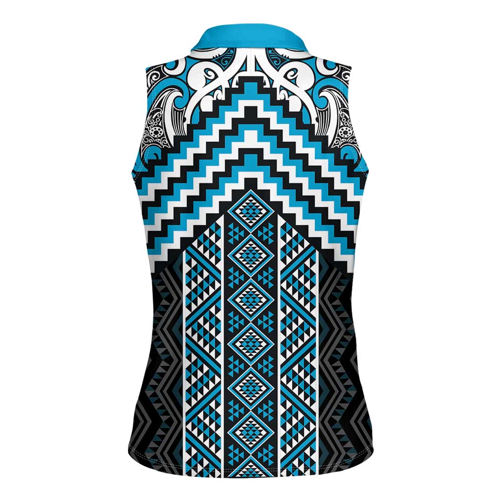 Maori Tukutuku Taniko Motifs Women Sleeveless Polo Shirt Turquoise Poutama Mix Kowhaiwhai