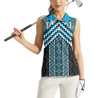 Maori Tukutuku Taniko Motifs Women Sleeveless Polo Shirt Turquoise Poutama Mix Kowhaiwhai