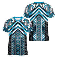 Maori Tukutuku Taniko Motifs Women V-Neck T-Shirt Turquoise Poutama Mix Kowhaiwhai LT7 - Polynesian Pride