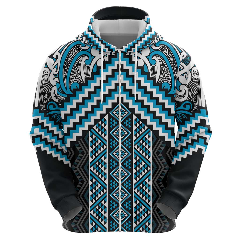 Maori Tukutuku Taniko Motifs Zip Hoodie Turquoise Poutama Mix Kowhaiwhai LT7 - Polynesian Pride