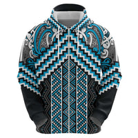 Maori Tukutuku Taniko Motifs Zip Hoodie Turquoise Poutama Mix Kowhaiwhai LT7 - Polynesian Pride