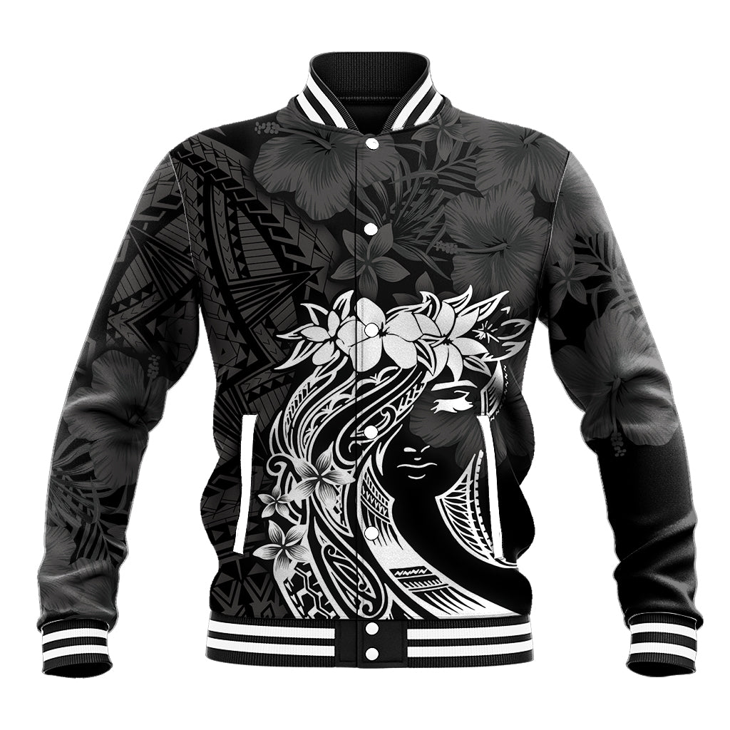 Polynesian Women's Day Baseball Jacket Plumeria Passion - Black LT7 Unisex Black - Polynesian Pride