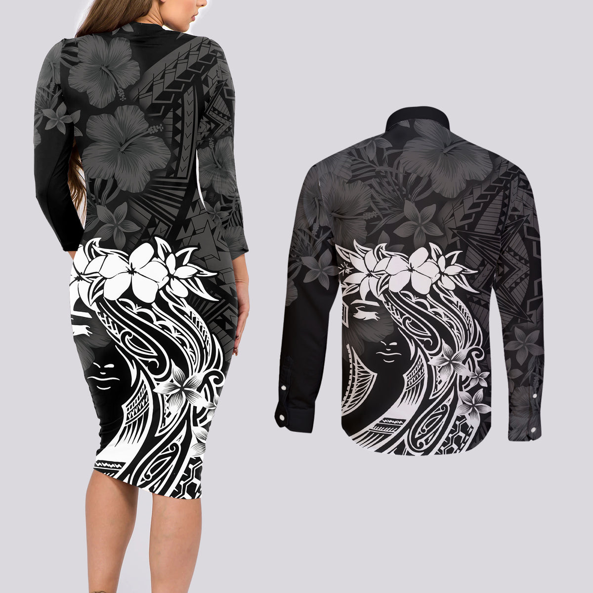 Polynesian Women's Day Couples Matching Long Sleeve Bodycon Dress and Long Sleeve Button Shirt Plumeria Passion - Black LT7 - Polynesian Pride