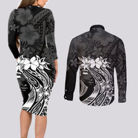 Polynesian Women's Day Couples Matching Long Sleeve Bodycon Dress and Long Sleeve Button Shirt Plumeria Passion - Black LT7 - Polynesian Pride