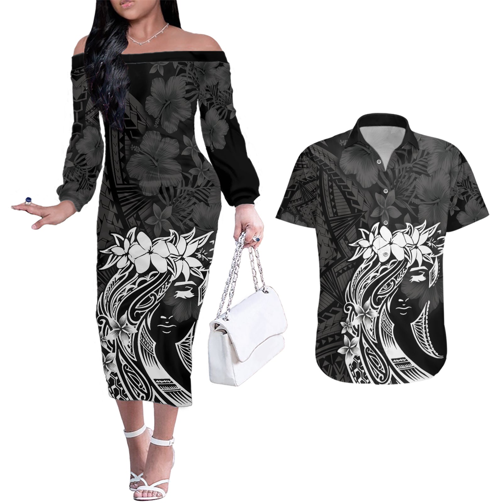 Polynesian Women's Day Couples Matching Off The Shoulder Long Sleeve Dress and Hawaiian Shirt Plumeria Passion - Black LT7 Black - Polynesian Pride