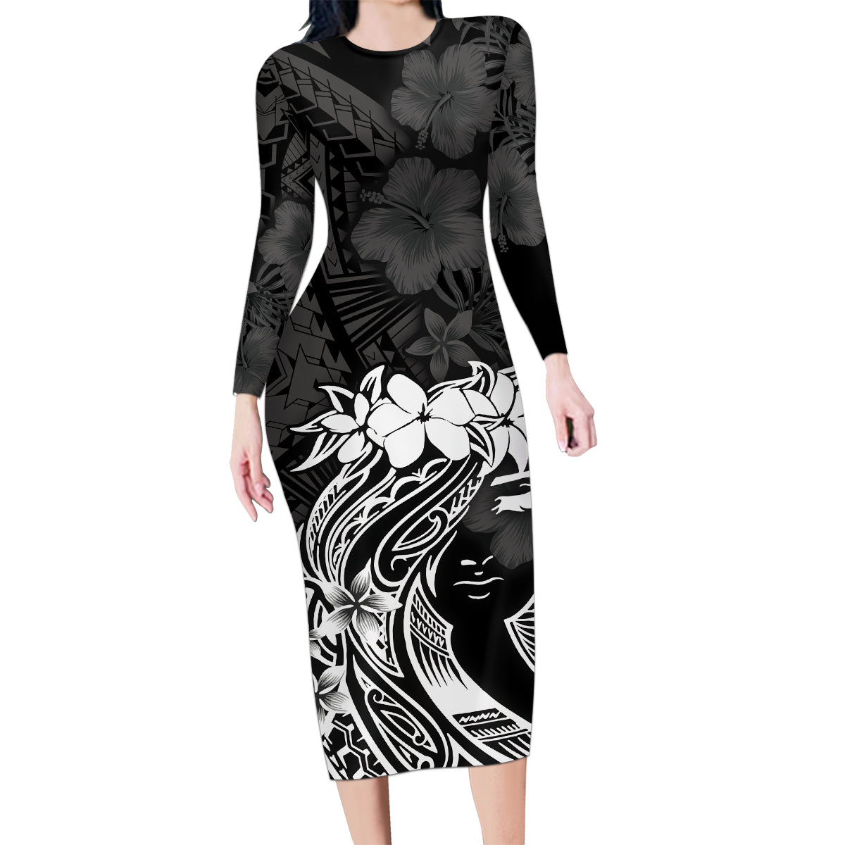 Polynesian Women's Day Family Matching Long Sleeve Bodycon Dress and Hawaiian Shirt Plumeria Passion - Black LT7 Mom's Dress Black - Polynesian Pride