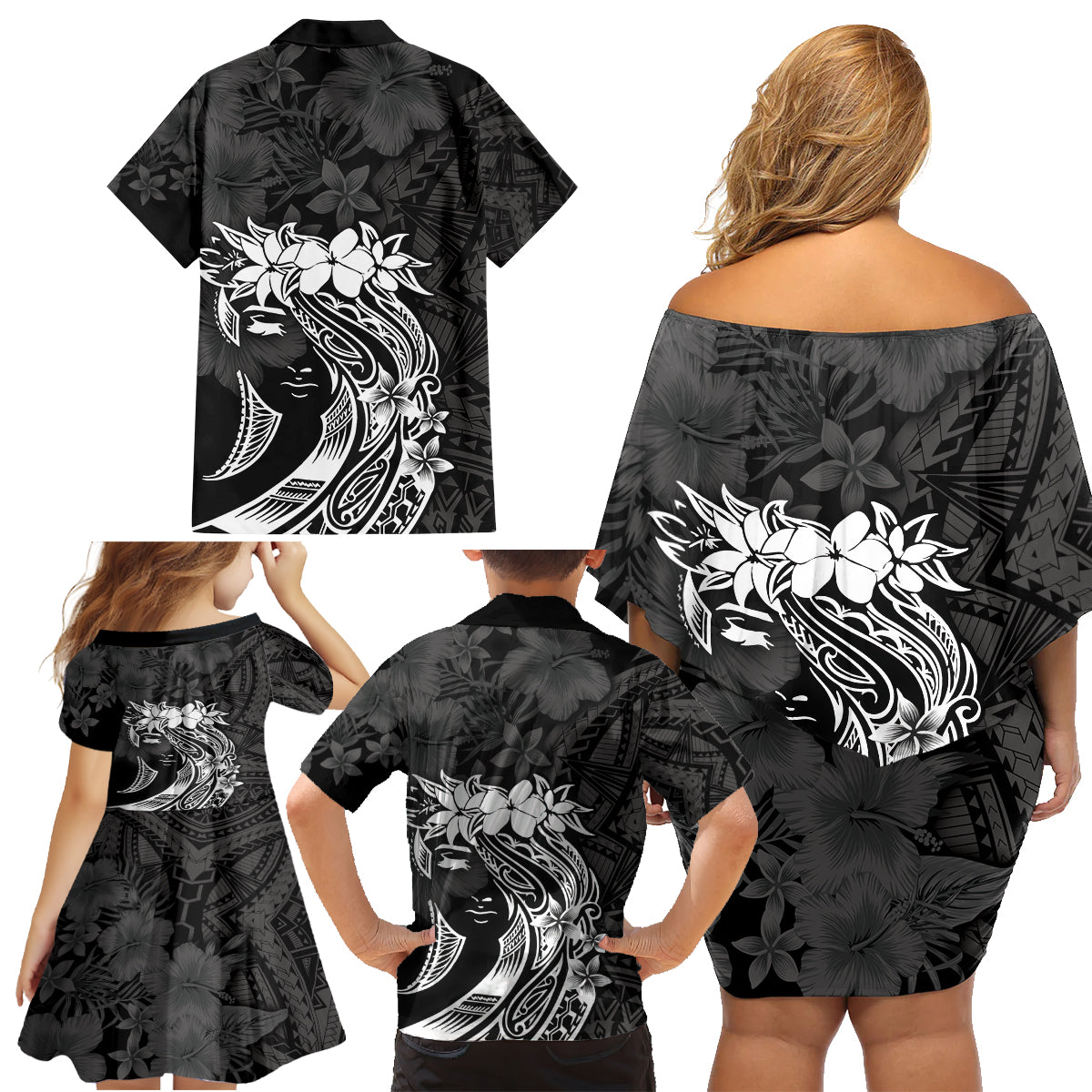 Polynesian Women's Day Family Matching Off Shoulder Short Dress and Hawaiian Shirt Plumeria Passion - Black LT7 - Polynesian Pride