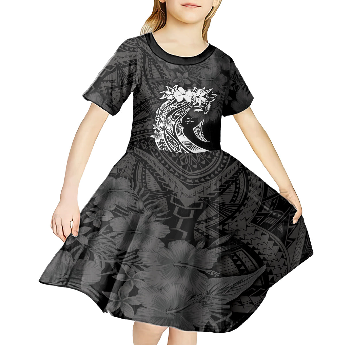 Polynesian Women's Day Kid Short Sleeve Dress Plumeria Passion - Black LT7 - Polynesian Pride