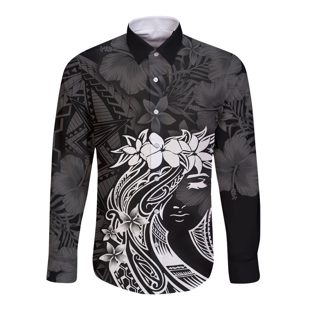Polynesian Women's Day Long Sleeve Button Shirt Plumeria Passion - Black LT7 Unisex Black - Polynesian Pride
