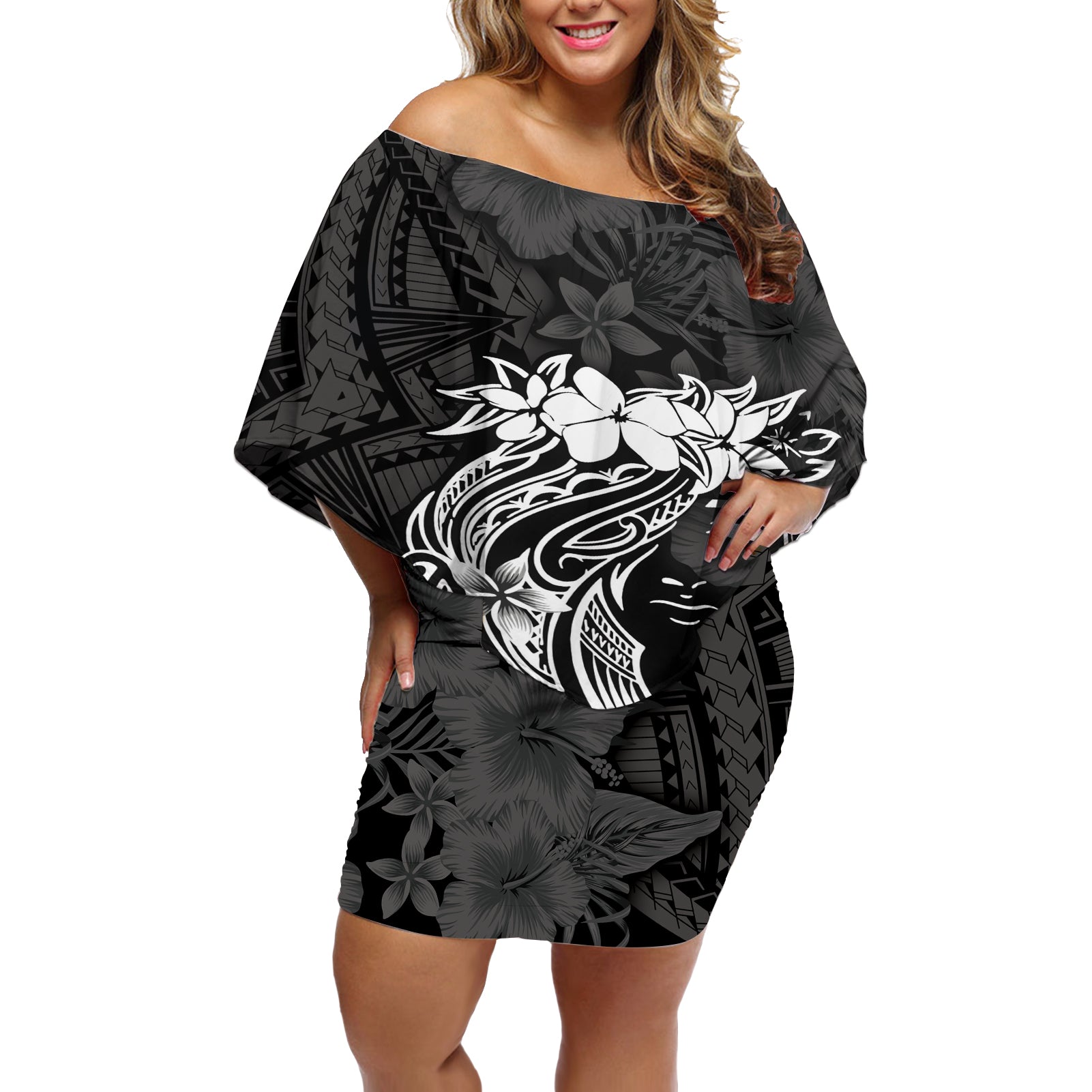 Polynesian Women's Day Off Shoulder Short Dress Plumeria Passion - Black LT7 Women Black - Polynesian Pride