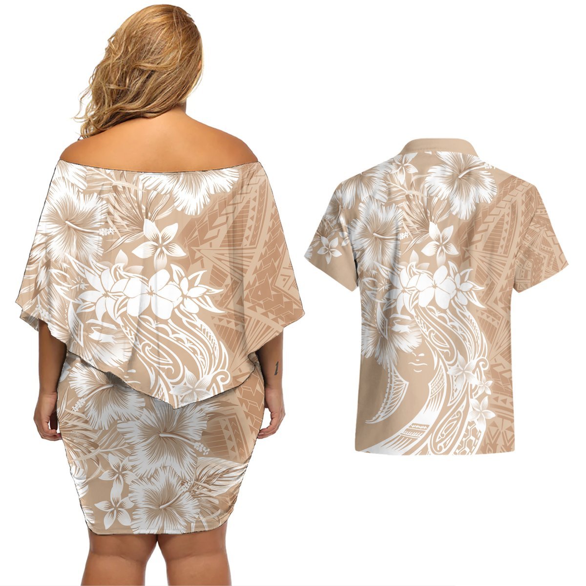 Polynesian Women's Day Couples Matching Off Shoulder Short Dress and Hawaiian Shirt Plumeria Passion - Beige LT7 - Polynesian Pride