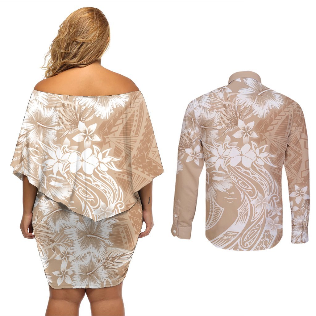 Polynesian Women's Day Couples Matching Off Shoulder Short Dress and Long Sleeve Button Shirt Plumeria Passion - Beige LT7 - Polynesian Pride