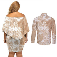Polynesian Women's Day Couples Matching Off Shoulder Short Dress and Long Sleeve Button Shirt Plumeria Passion - Beige LT7 - Polynesian Pride