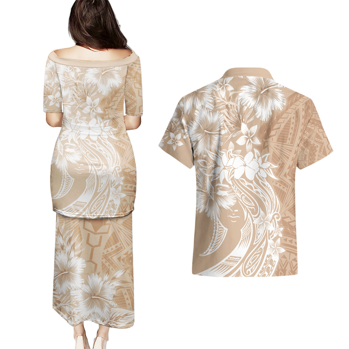 Polynesian Women's Day Couples Matching Puletasi and Hawaiian Shirt Plumeria Passion - Beige LT7 - Polynesian Pride