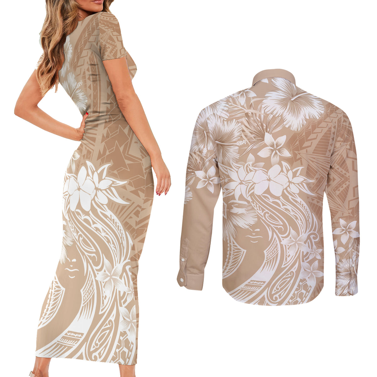 Polynesian Women's Day Couples Matching Short Sleeve Bodycon Dress and Long Sleeve Button Shirt Plumeria Passion - Beige LT7 - Polynesian Pride