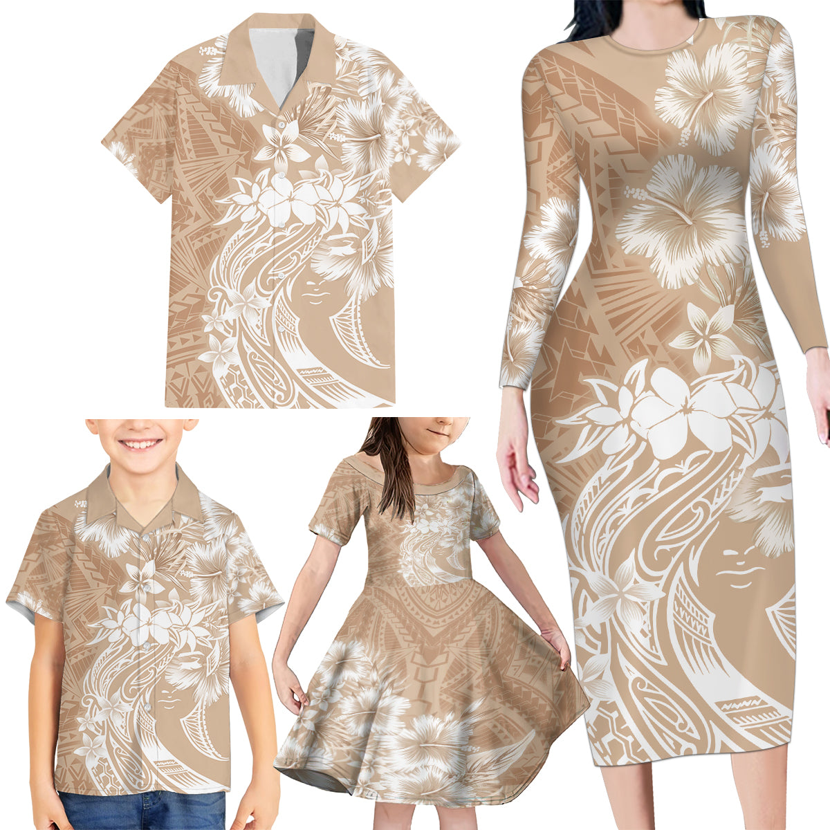 Polynesian Women's Day Family Matching Long Sleeve Bodycon Dress and Hawaiian Shirt Plumeria Passion - Beige LT7 - Polynesian Pride