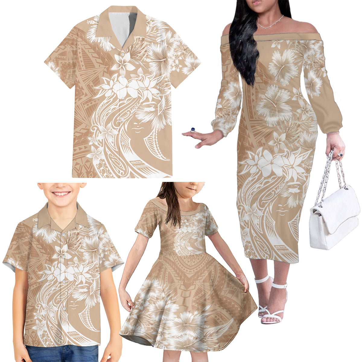 Polynesian Women's Day Family Matching Off Shoulder Long Sleeve Dress and Hawaiian Shirt Plumeria Passion - Beige LT7 - Polynesian Pride