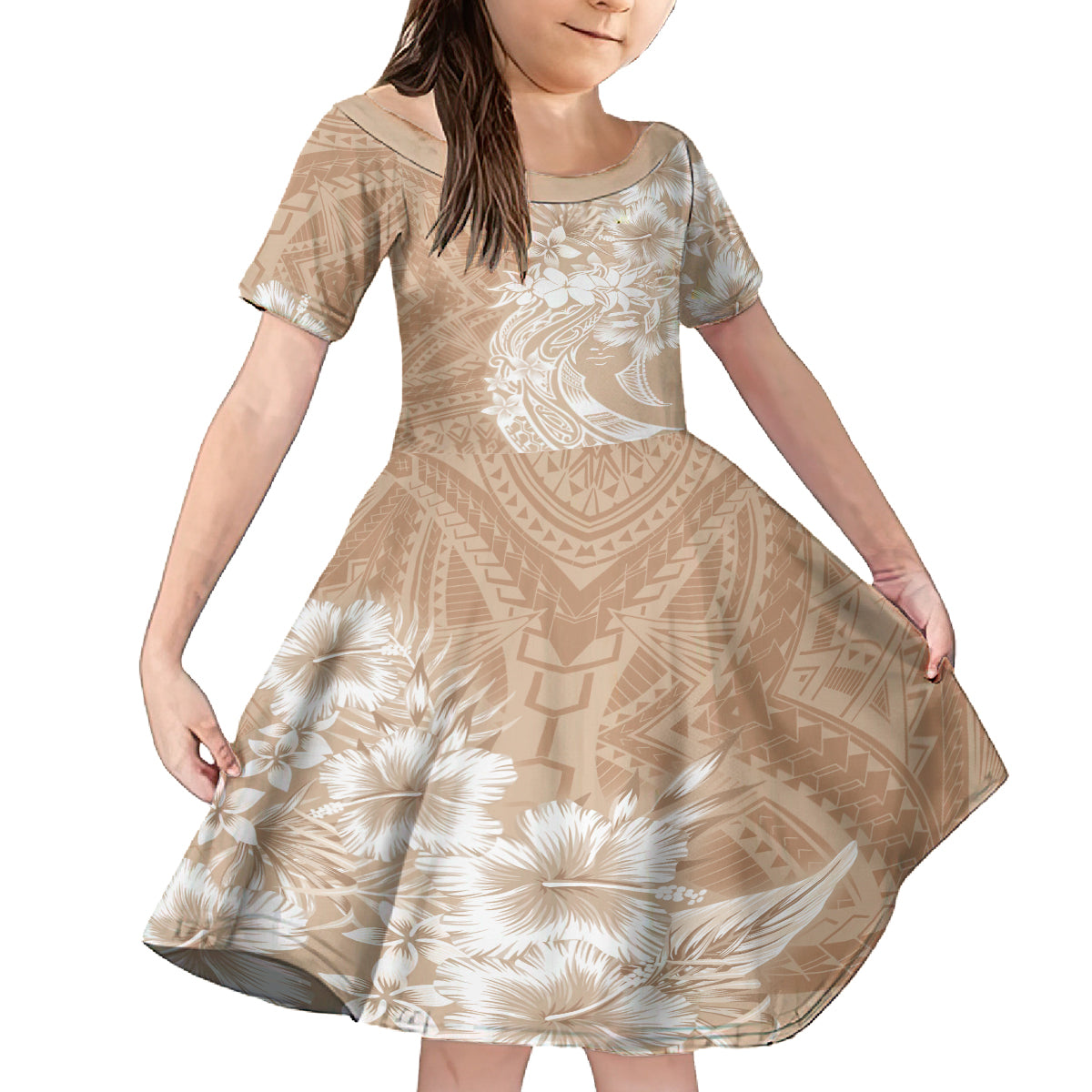 Polynesian Women's Day Family Matching Off Shoulder Short Dress and Hawaiian Shirt Plumeria Passion - Beige LT7 Daughter's Dress Beige - Polynesian Pride