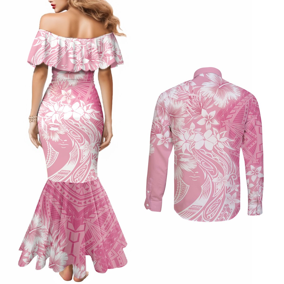 Polynesian Women's Day Couples Matching Mermaid Dress and Long Sleeve Button Shirt Plumeria Passion - Pink LT7 - Polynesian Pride