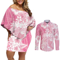 Polynesian Women's Day Couples Matching Off Shoulder Short Dress and Long Sleeve Button Shirt Plumeria Passion - Pink LT7 Pink - Polynesian Pride