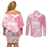 Polynesian Women's Day Couples Matching Off Shoulder Short Dress and Long Sleeve Button Shirt Plumeria Passion - Pink LT7 - Polynesian Pride