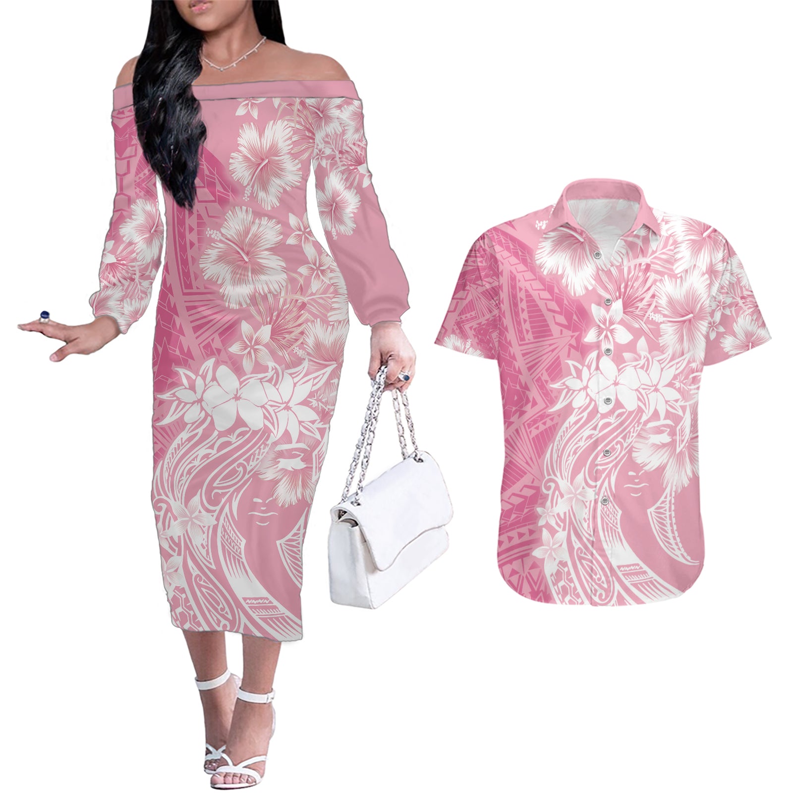 Polynesian Women's Day Couples Matching Off The Shoulder Long Sleeve Dress and Hawaiian Shirt Plumeria Passion - Pink LT7 Pink - Polynesian Pride