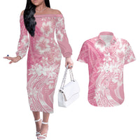 Polynesian Women's Day Couples Matching Off The Shoulder Long Sleeve Dress and Hawaiian Shirt Plumeria Passion - Pink LT7 Pink - Polynesian Pride