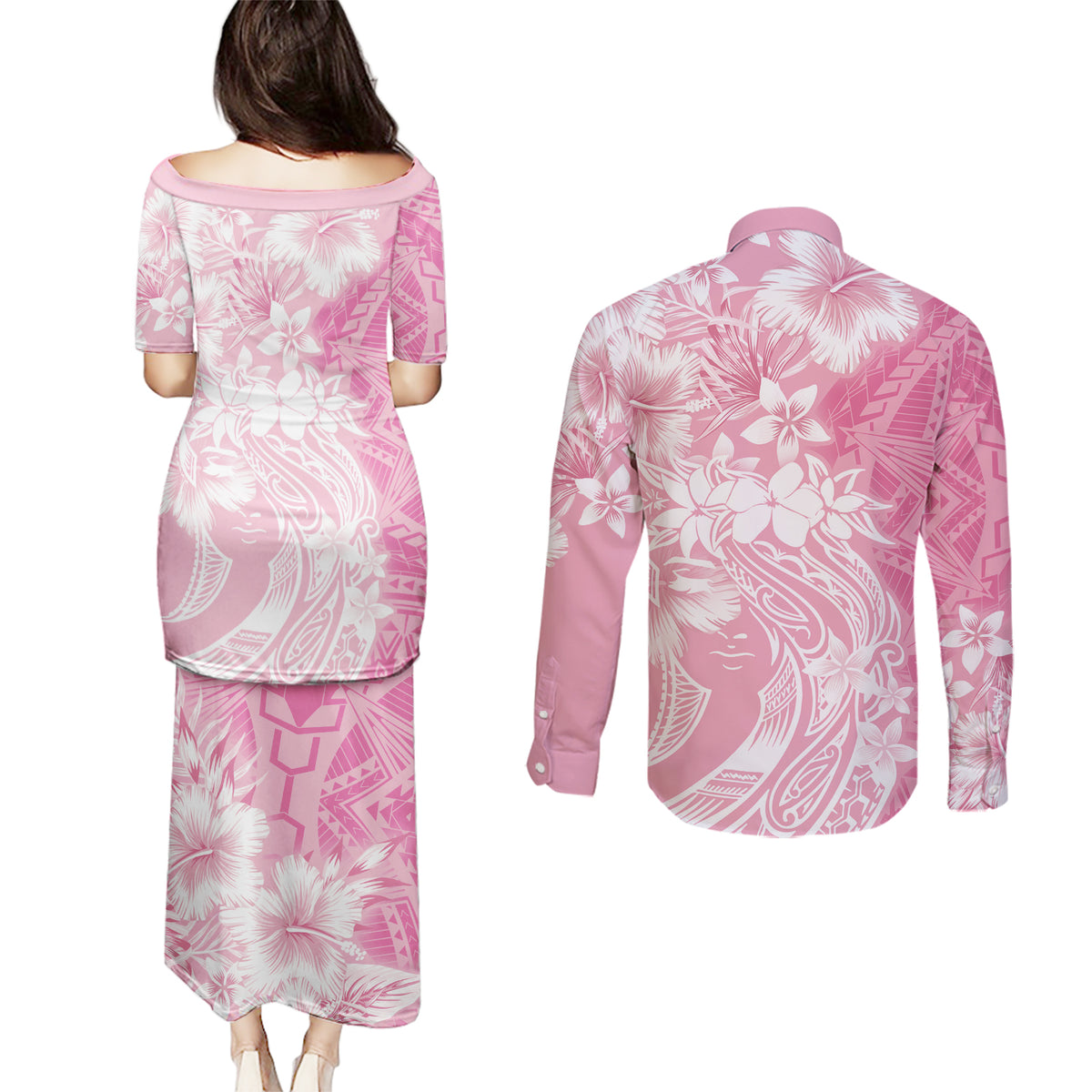 Polynesian Women's Day Couples Matching Puletasi and Long Sleeve Button Shirt Plumeria Passion - Pink LT7 - Polynesian Pride