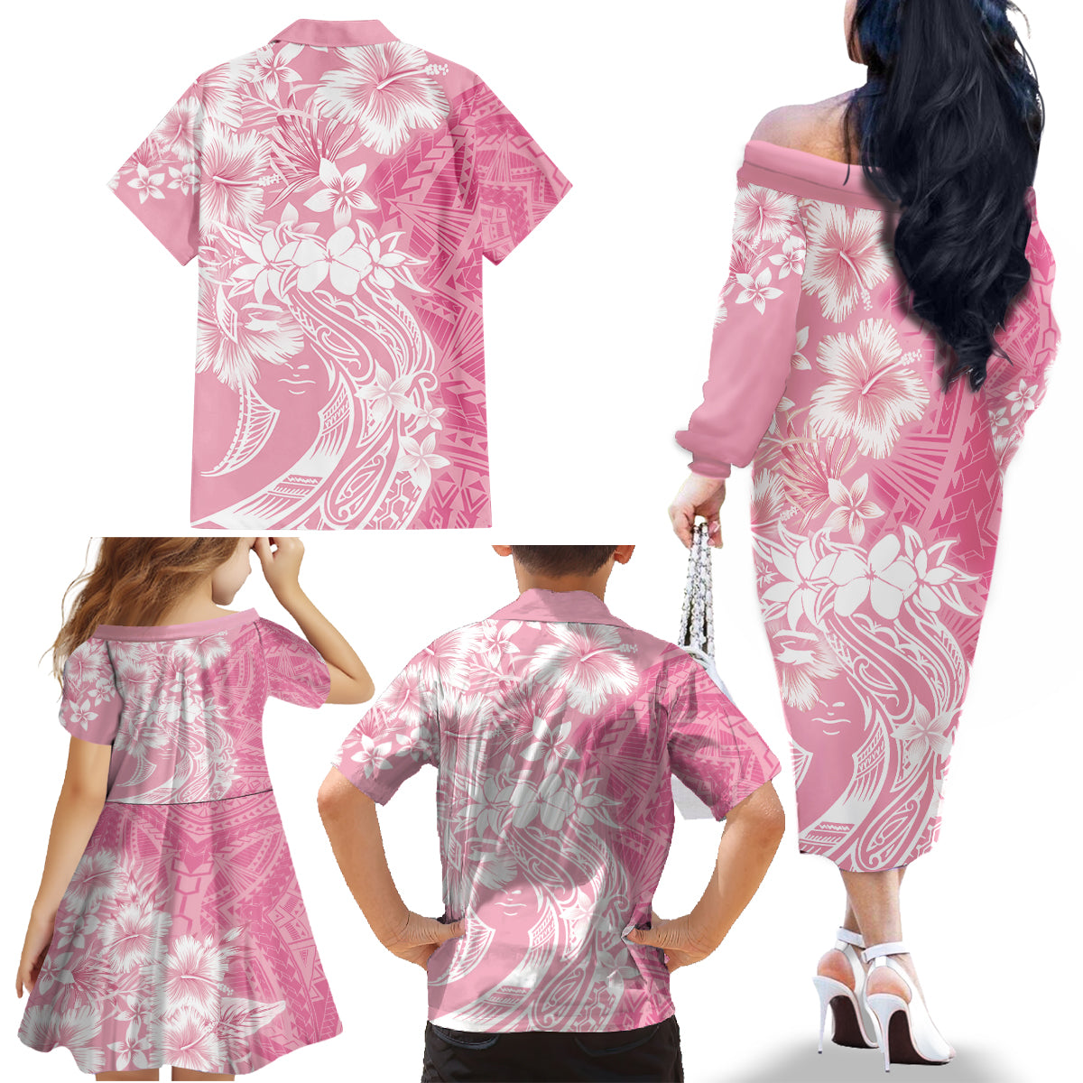 Polynesian Women's Day Family Matching Off Shoulder Long Sleeve Dress and Hawaiian Shirt Plumeria Passion - Pink LT7 - Polynesian Pride