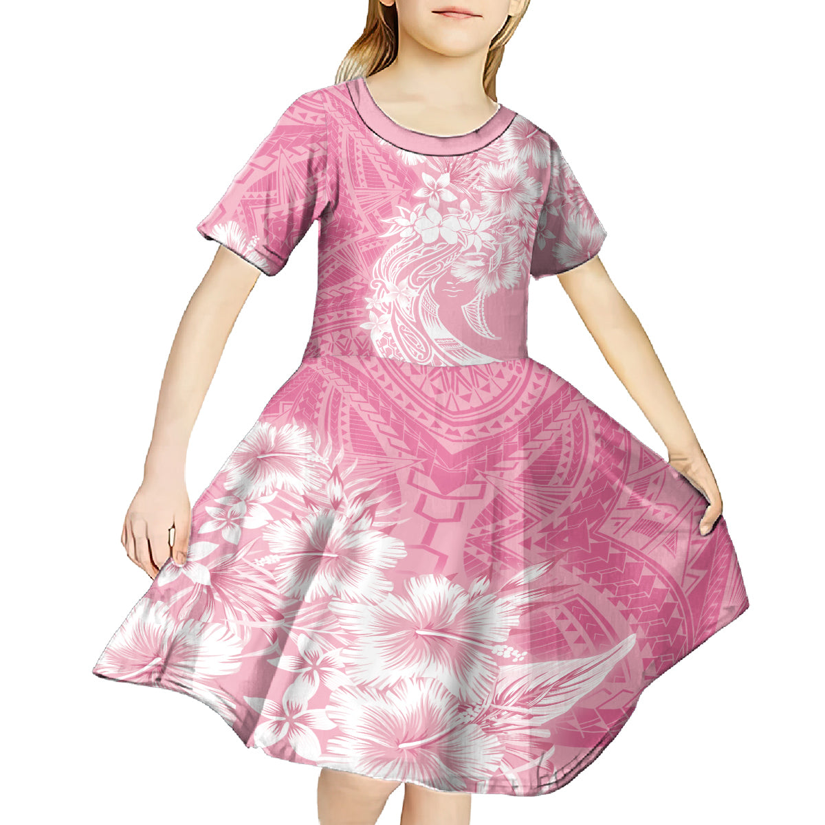 Polynesian Women's Day Kid Short Sleeve Dress Plumeria Passion - Pink LT7 - Polynesian Pride