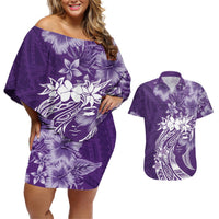 Polynesian Women's Day Couples Matching Off Shoulder Short Dress and Hawaiian Shirt Plumeria Passion - Purple LT7 Purple - Polynesian Pride