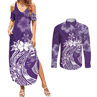 Polynesian Women's Day Couples Matching Summer Maxi Dress and Long Sleeve Button Shirt Plumeria Passion - Purple LT7 Purple - Polynesian Pride
