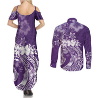 Polynesian Women's Day Couples Matching Summer Maxi Dress and Long Sleeve Button Shirt Plumeria Passion - Purple LT7 - Polynesian Pride