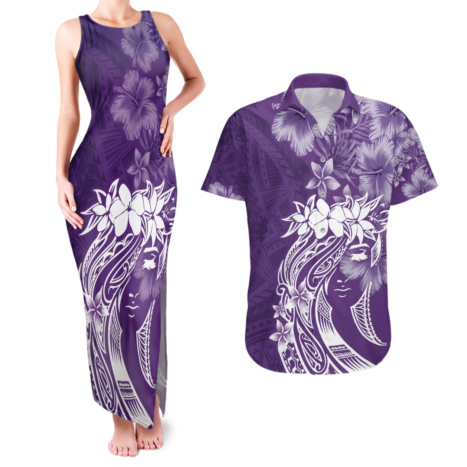 Polynesian Women's Day Couples Matching Tank Maxi Dress and Hawaiian Shirt Plumeria Passion - Purple LT7 Purple - Polynesian Pride
