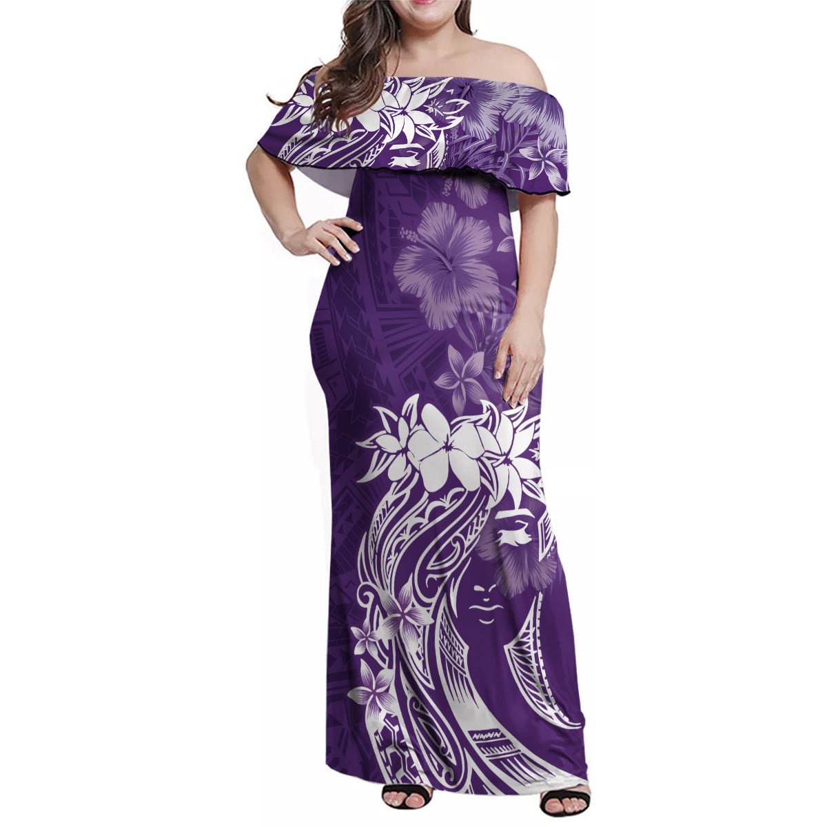 Polynesian Women's Day Family Matching Off Shoulder Maxi Dress and Hawaiian Shirt Plumeria Passion - Purple LT7 Mom's Dress Purple - Polynesian Pride