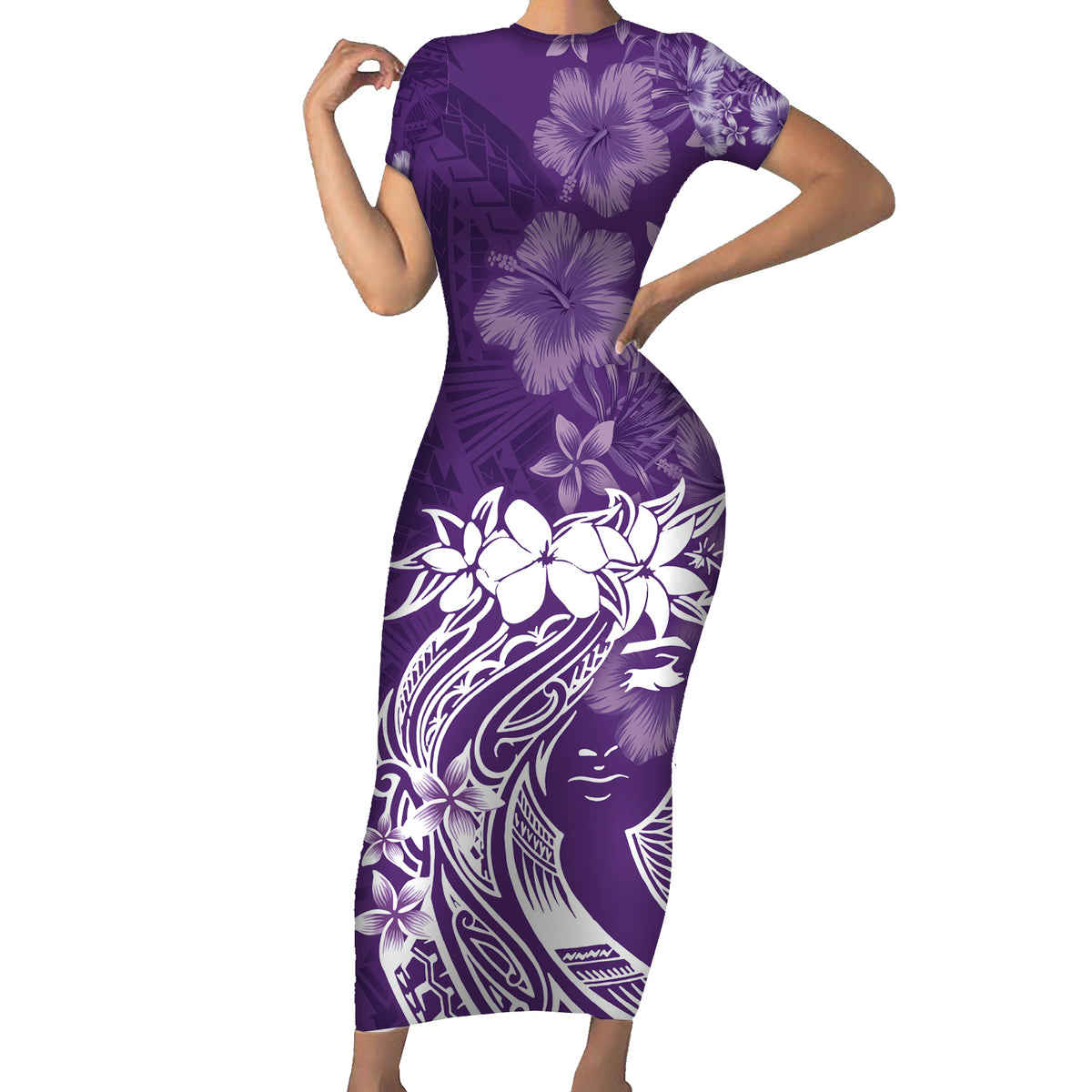 Polynesian Women's Day Family Matching Short Sleeve Bodycon Dress and Hawaiian Shirt Plumeria Passion - Purple LT7 Mom's Dress Purple - Polynesian Pride