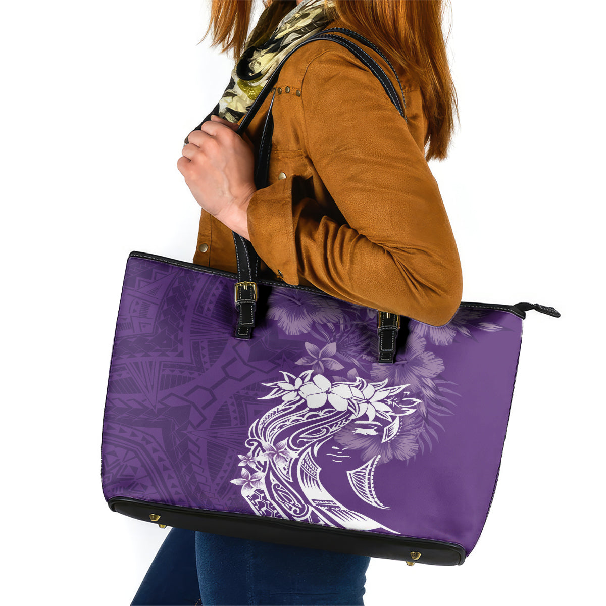 Polynesian Women's Day Leather Tote Bag Plumeria Passion - Purple LT7 Purple - Polynesian Pride