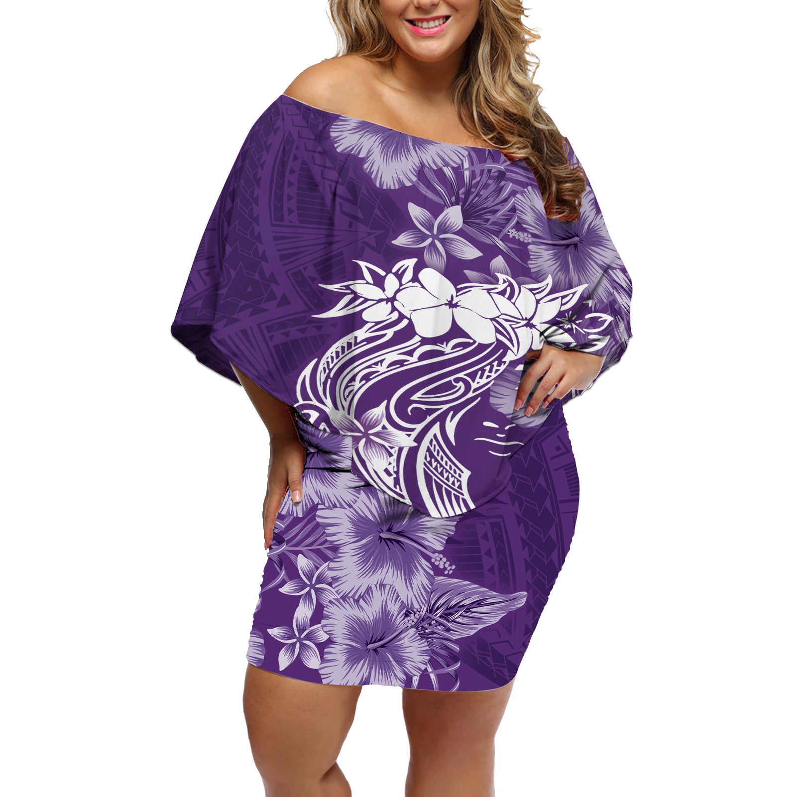 Polynesian Women's Day Off Shoulder Short Dress Plumeria Passion - Purple LT7 Women Purple - Polynesian Pride