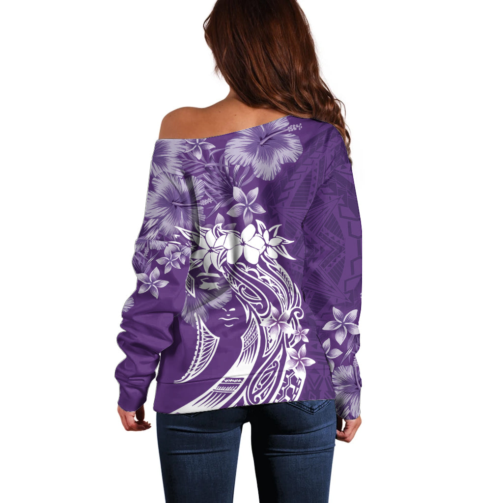 Polynesian Women's Day Off Shoulder Sweater Plumeria Passion - Purple LT7 - Polynesian Pride