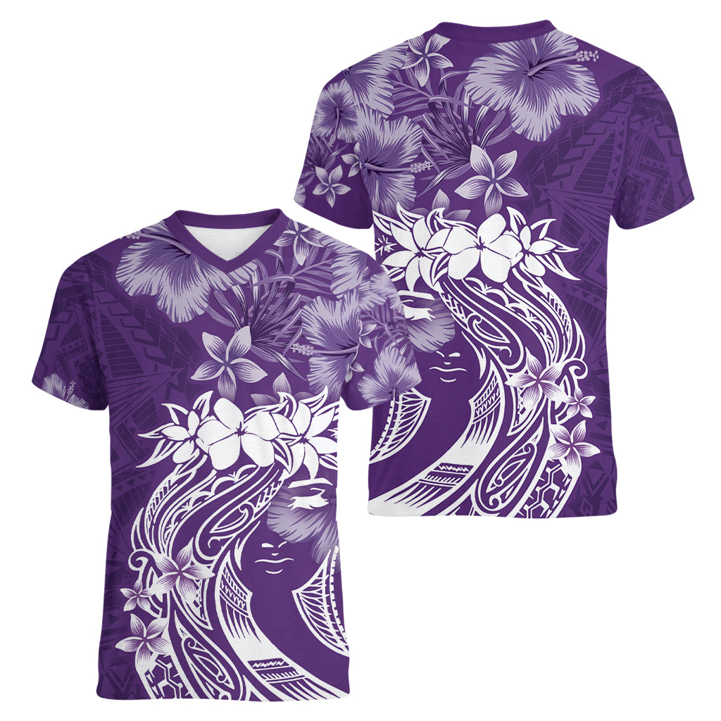 Polynesian Women's Day Women V Neck T Shirt Plumeria Passion - Purple LT7 - Polynesian Pride