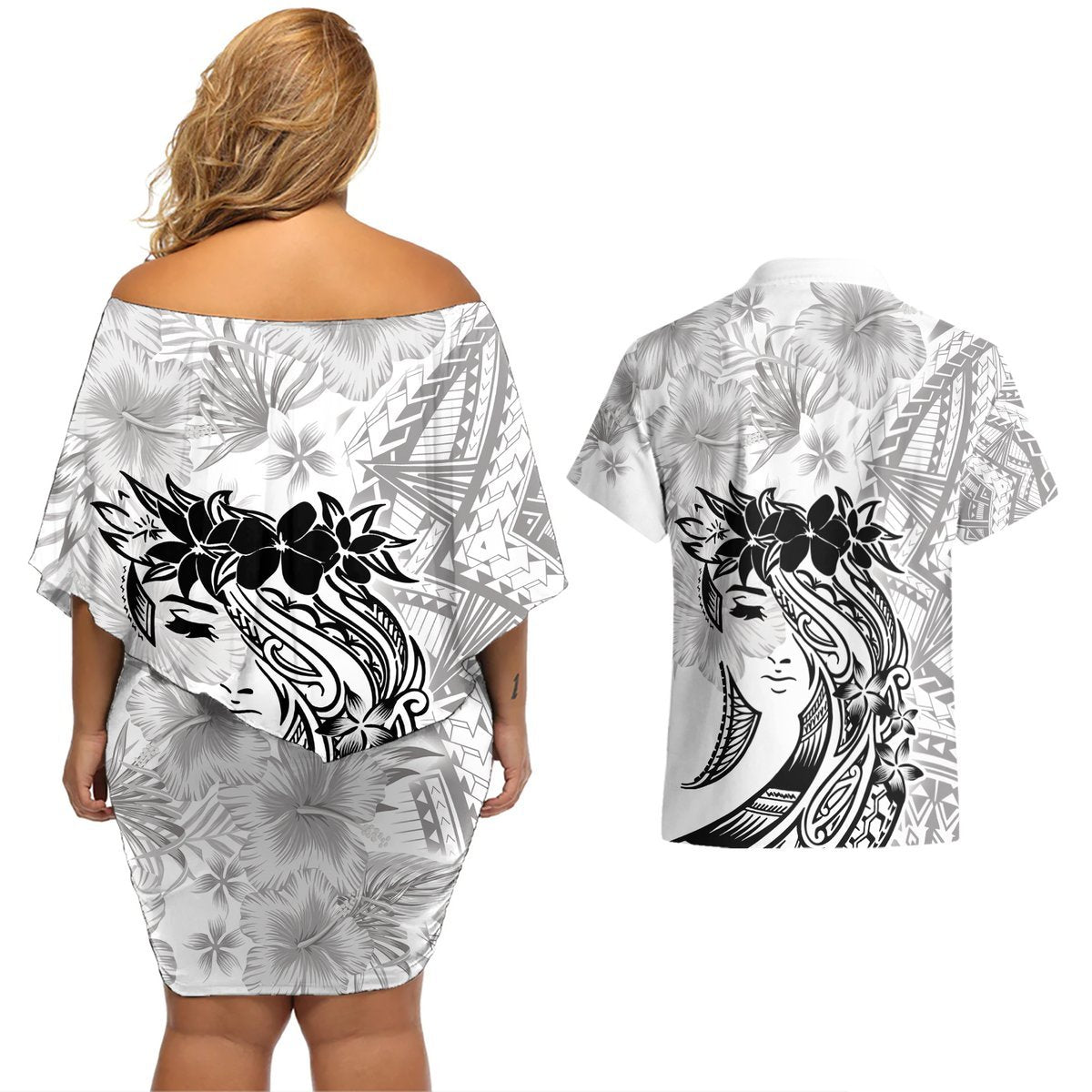 Polynesian Women's Day Couples Matching Off Shoulder Short Dress and Hawaiian Shirt Plumeria Passion - White LT7 - Polynesian Pride