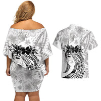 Polynesian Women's Day Couples Matching Off Shoulder Short Dress and Hawaiian Shirt Plumeria Passion - White LT7 - Polynesian Pride